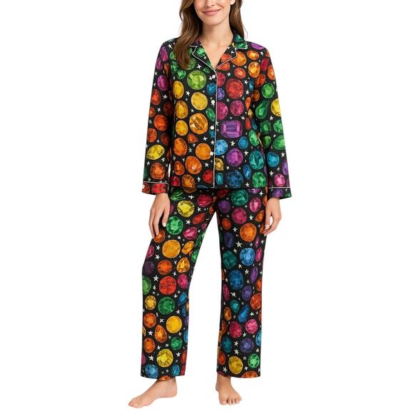 Tashka Galaxy of Gems Multicolor Long Sleeve Button Down Pajama Pants 2 Pc Set S